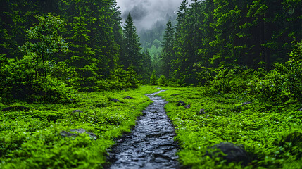 Naklejka premium Mountain stream path, lush forest, misty background; nature travel