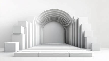 Abstract white archway with geometric shapes and platform.