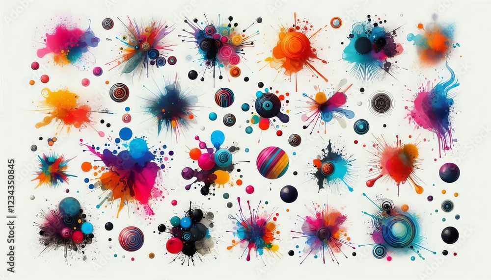Poster a creative collage of colorful ink splashes and spherical patterns in bright hues. the abstract desi