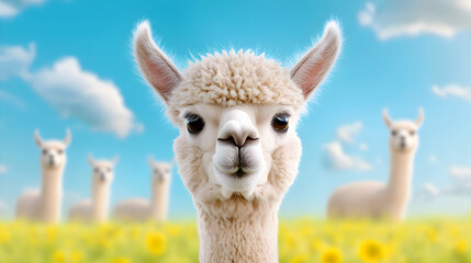Obraz premium Adorable alpaca portrait, sunny field, others blurred. Perfect for farm, pet, nature themes