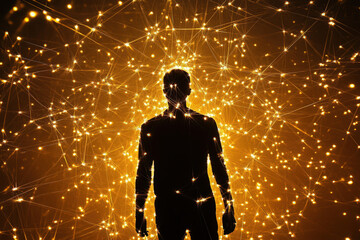 Eine menschliche Silhouette, umgeben von schwebenden, leuchtenden Datenknoten, die die Integration von künstlicher Intelligenz und menschlicher Entscheidungsfindung symbolisieren.