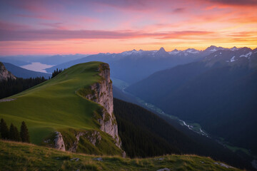 serene mountainous terrain with green grass forests snow capped peaks sunset