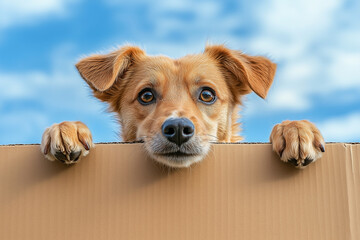 A cute dog is peeking over the edge of a brown cardboard box holding onto one side with its paws against a blue sky background.
