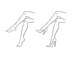 Vector fashion line sketch illustration of beautiful, slim female legs, isolated on a white background. High-heeled fashion feet template. Women's legs and feet croquis.