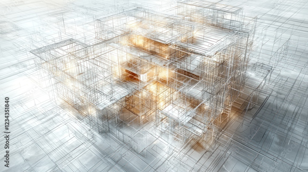 Poster 3d wireframe building model on grid, glowing core, abstract background