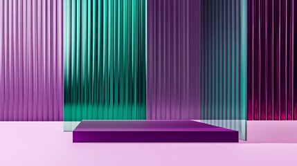 Purple glass podium, teal backdrop, pink studio, product display