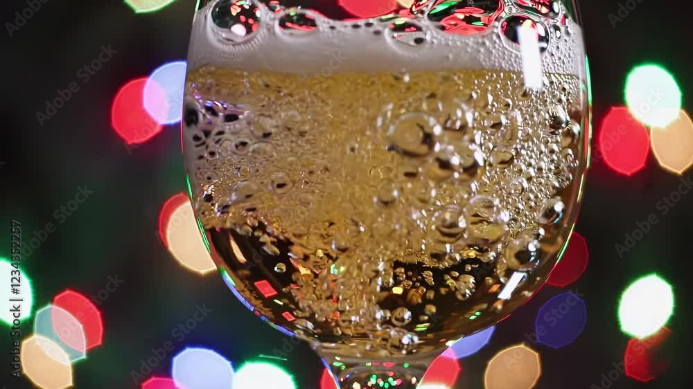 Poster A cheerful toast moment in progress: golden fizz streaming into a glass while bright, circular bokeh fills the rest of the frame with a holiday feel.