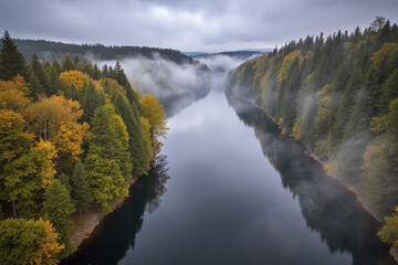 serene misty landscape river forest autumnal colors aerial view