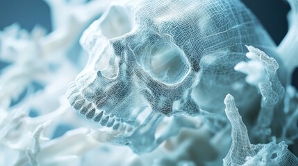 3D Wireframe Skull Emerging from Abstract Structure