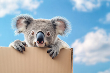 A cute koala is peeking over the edge of a brown cardboard box holding onto one side with its paws against a blue sky background.