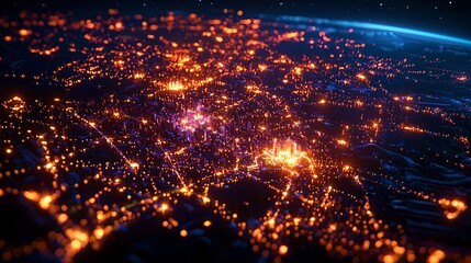 Fototapeta premium Glowing City Lights at Night from Space