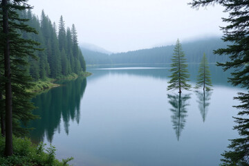serene misty landscape lake evergreen trees reflection
