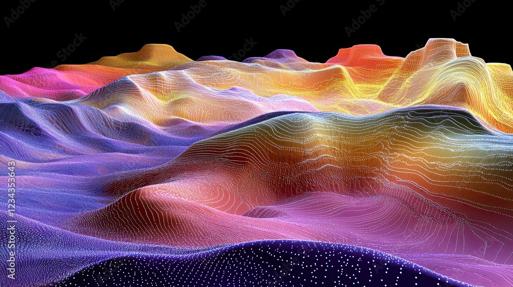 Poster a digital background with an abstract wave of rainbow-colored particles and dust