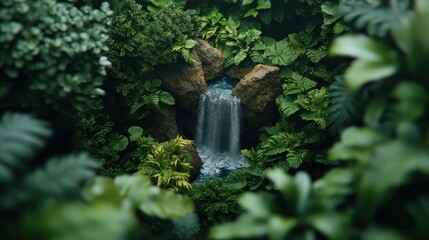 A dense jungle with a cascading waterfall surrounded by exotic plants.
