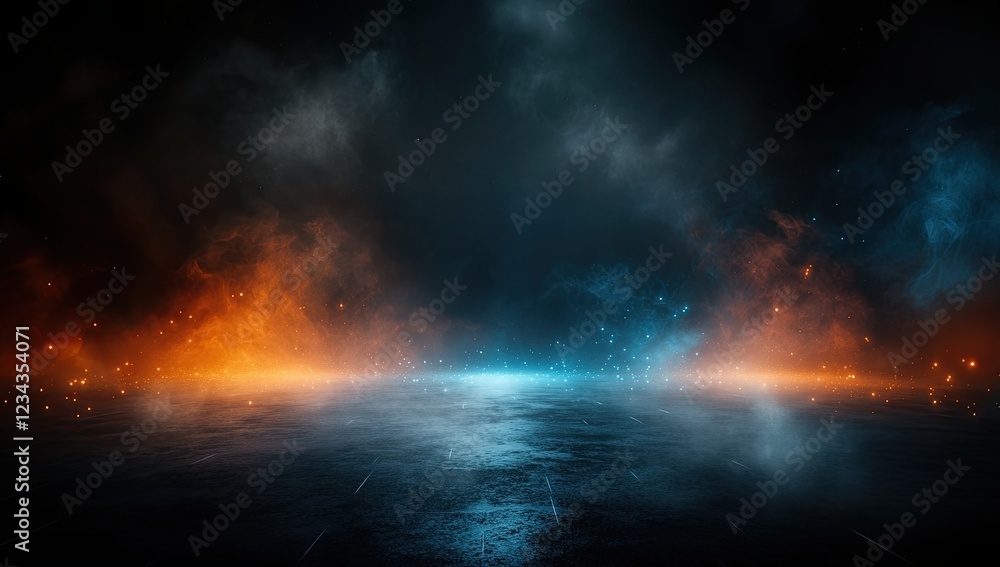 Poster the empty scene features a dark street's reflection on the wet ground. neon lights cast rays into th