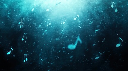 Obraz premium A 3D depiction of floating musical notes against an abstract blue background featuring flares