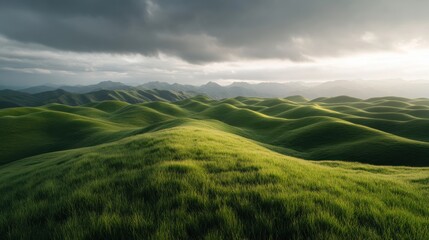 Obraz premium A windswept grassland with rolling hills stretching into the horizon.