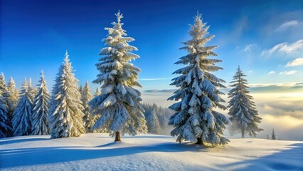 Fototapeta premium Snow-covered pine trees standing alone against a clear blue winter sky with silvery mist floating around them, nature's beauty, frosty atmosphere