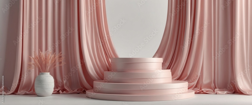 Aufkleber elegant pink display platform with flowing curtains and pampas grass. perfect for showcasing product