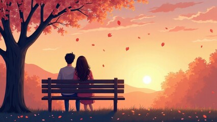 Obraz premium Romantic Couple Silhouette at Sunset: Digital Painting Artwork - High-Resolution Stock Illustration