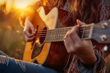 Fototapeta premium Woman playing an acoustic guitar outdoors during sunset with hands in focus