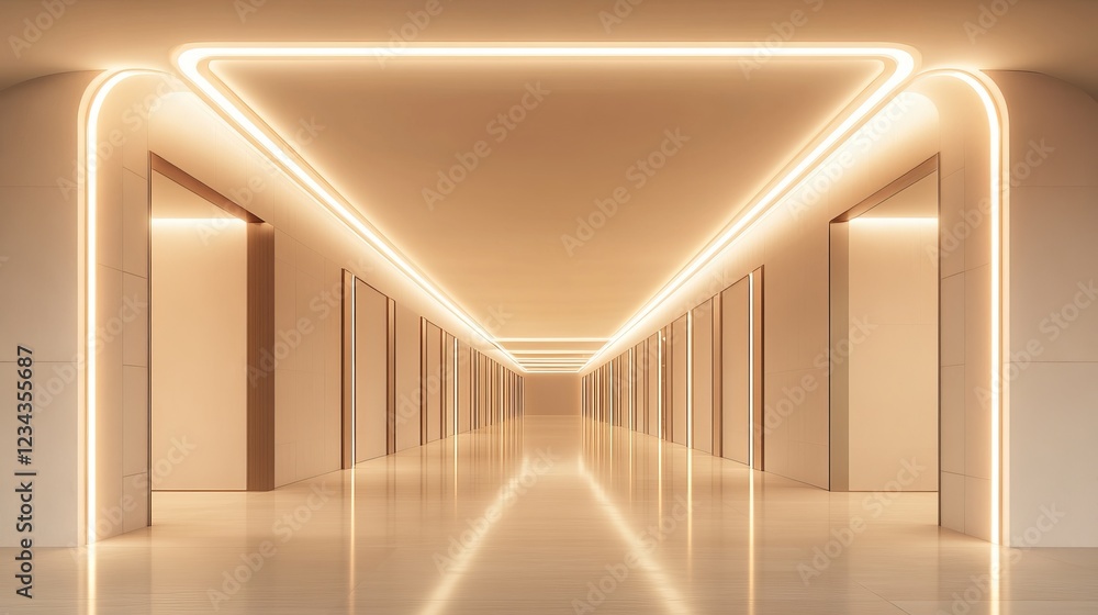 Poster captivating long hallway illuminated by soft natural light creating an inviting and tranquil atmosph