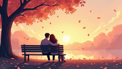 Obraz premium Romantic Autumn Couple Silhouette: Peaceful Sunset Lake Park Bench Illustration