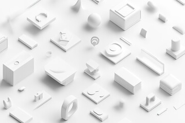 Abstract white isometric shapes and objects background.