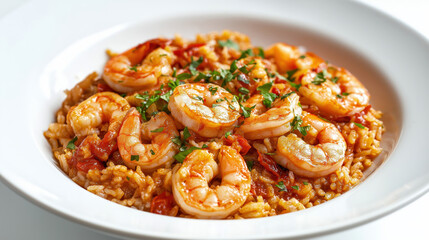 shrimp risotto dish served on a white plate. The dish is garnished with fresh herbs and includes plump shrimp, seasoned rice, and tomatoes, creating a vibrant and appetizing presentation