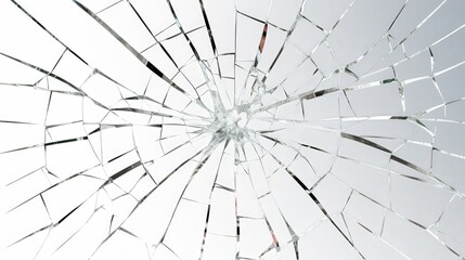 Intricate Patterns of Broken Glass on a White Background with Reflections Capturing Light and Depth in a Unique Perspective