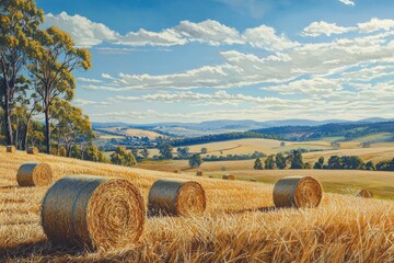 Picturesque countryside view capturing round hay bales, expansive farmlands, and clear blue skies