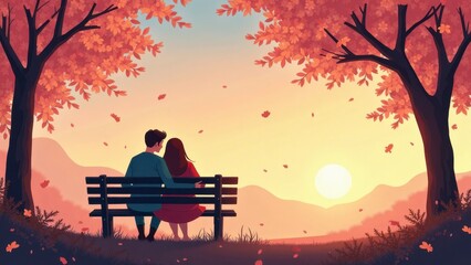 Obraz premium Romantic Couple Silhouette at Sunset Park Bench, Autumn Leaves Illustration