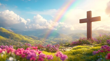 A wooden cross standing in a field of wildflowers under a rainbow-filled sky.