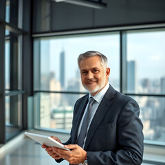 A middle-aged man with short, neatly trimmed gray hair and a well-groomed beard, dressed in a business suit with a subtle tie. Generative AI.