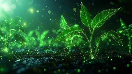 Glowing Green Plant Sprout in Dark Soil