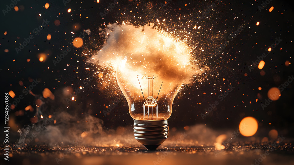 Poster a dramatic scene with a light bulb exploding, sending a burst of vibrant sparks and particles into t