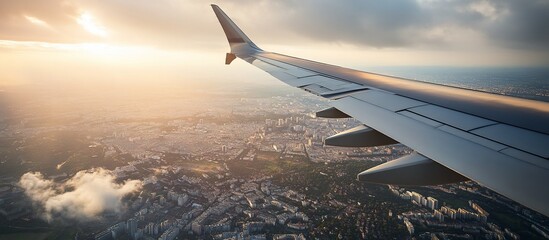 Fototapeta premium Sunset Cityscape from Airplane Window