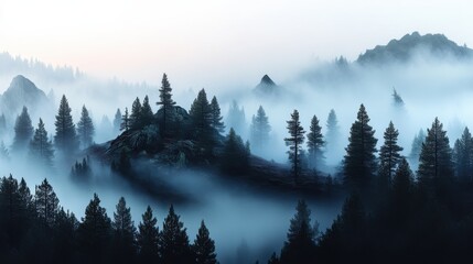 A misty pine forest in the early morning light