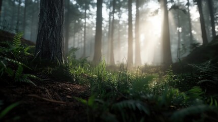 A misty pine forest in the early morning light