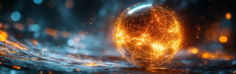 A glowing digital sphere with intricate connections, symbolizing futuristic technology and global connectivity.