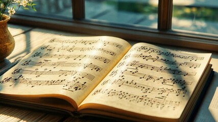 An open musical book lies on a wooden table. Notes and symbols, creativity and inspiration. Passion for music. Art, education, musical expression.