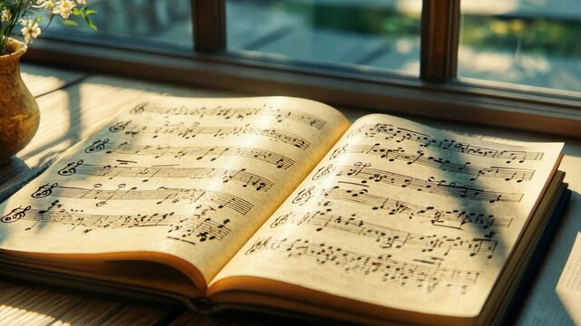 An open musical book lies on a wooden table. Notes and symbols, creativity and inspiration. Passion for music. Art, education, musical expression.