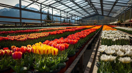 An expansive greenhouse showcasing rows of vividly colored tulip pots, against a backdrop of majestic mountains, symbolizing nature's order and magnificence.