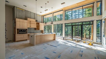 Modern kitchen under construction, forest view