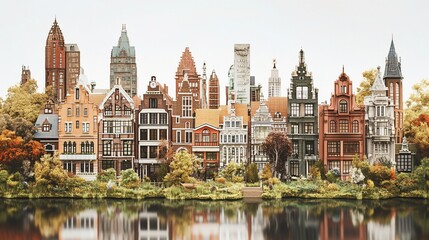 Fototapeta premium Autumnal Canal-Side Cityscape: A Charming Reflection of Dutch Architecture