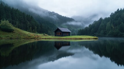 Fototapeta premium A peaceful countryside scene with a small wooden house by a lake.