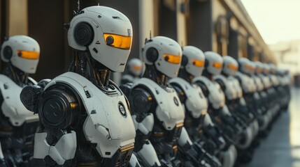 Fototapeta premium A line of advanced humanoid robots, emphasizing the future of AI, automation, and industrial innovation.