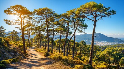 Fototapeta premium Sunlit Trail Through Pine Forest Mountain Vista