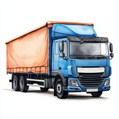 Blue Truck with Orange Canvas Tarpaulin Modern Logistics Vehicle Watercolor Illustration