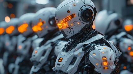 Fototapeta premium A line of advanced humanoid robots, emphasizing the future of AI, automation, and industrial innovation.